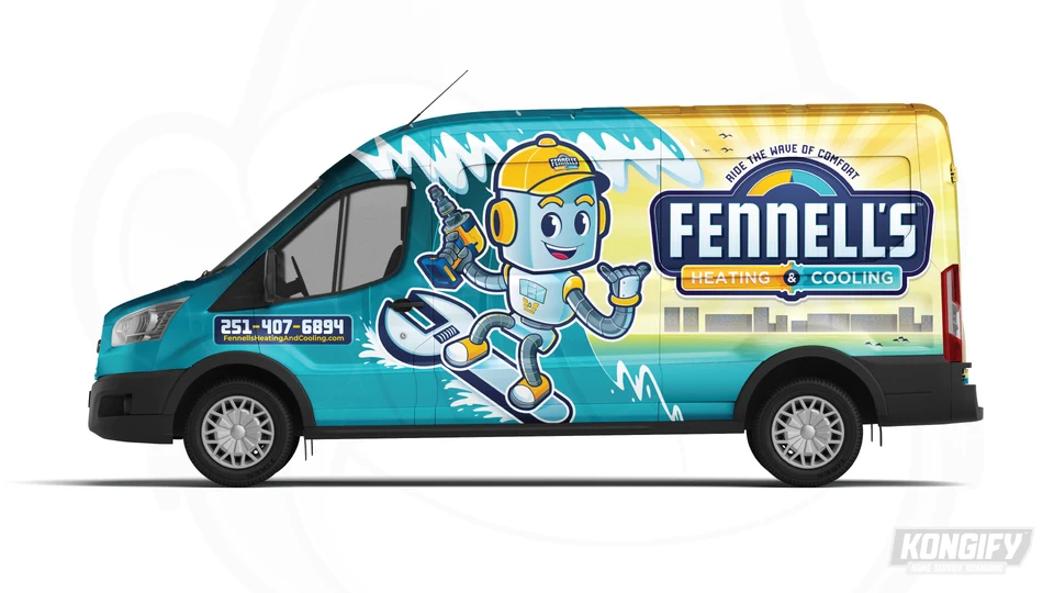 Side-view design mockup of a Fennell’s Heating & Cooling van with its surfing robot mascot