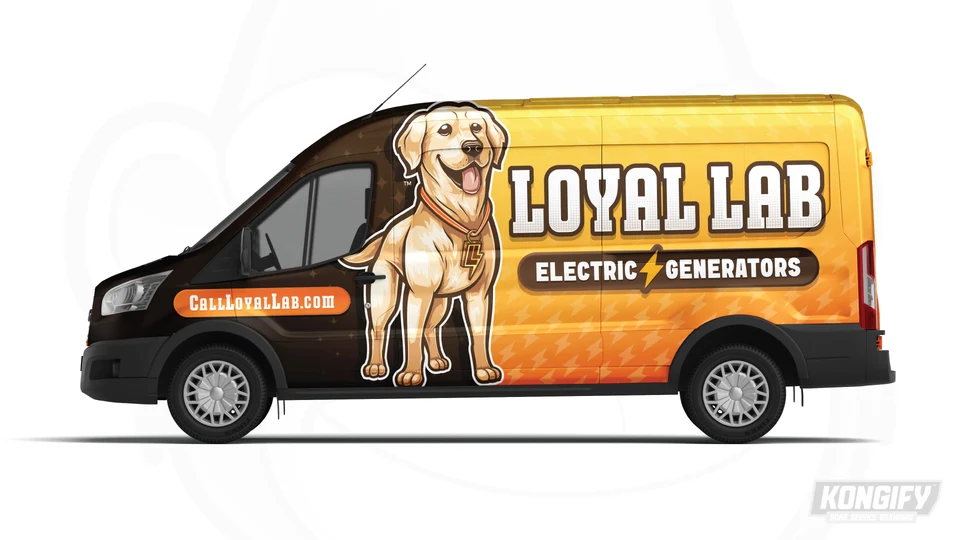 Side-view design mockup of a Loyal Lab Electric & Generators van with its Labrador mascot