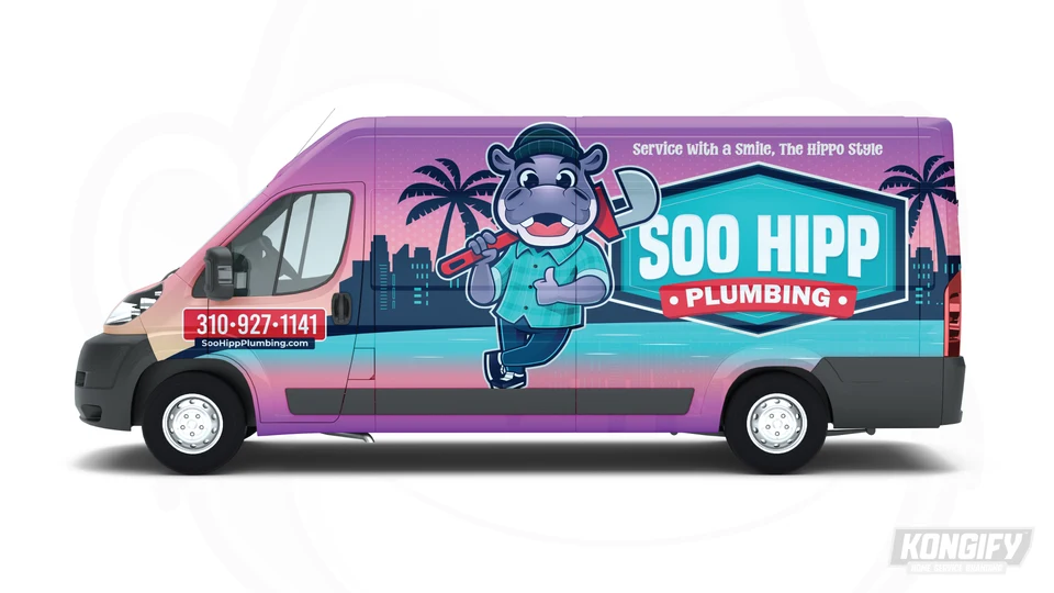 Side-view design mockup of a Soo Hipp Plumbing van with its hippo mascot carrying a pipe wrench